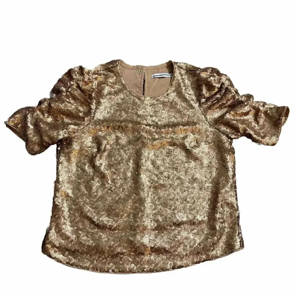 Abercrombie Classic Party Top Sequin Bling Y2K‎ Ruched Sleeve Button Back XS